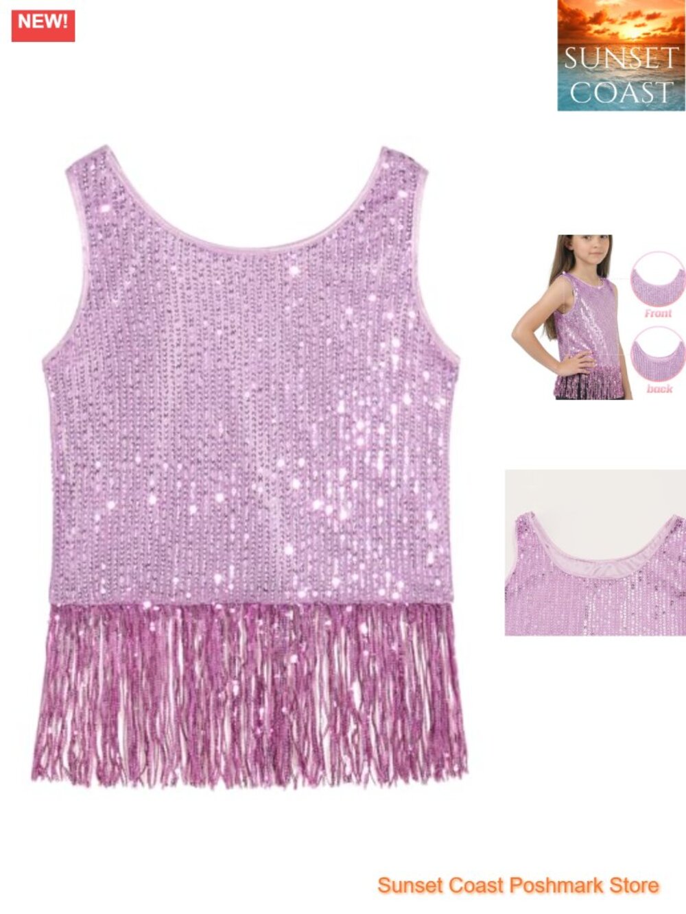 Girls Sequin Fringe Crop Tank Top Sparkly Glitter Dance Sleeveless Tassel Shirt